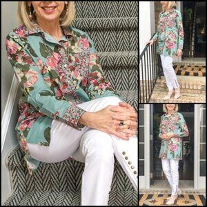 Soft Surroundings Garden Floral Shirt Dress L/S Turquoise/Pink Cotton Womens M